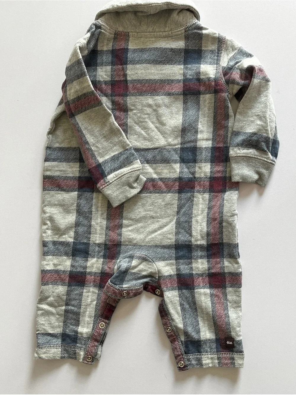 Tea Collection romper baby boy 3-6 months cotton long sleeve plaid cotton gray